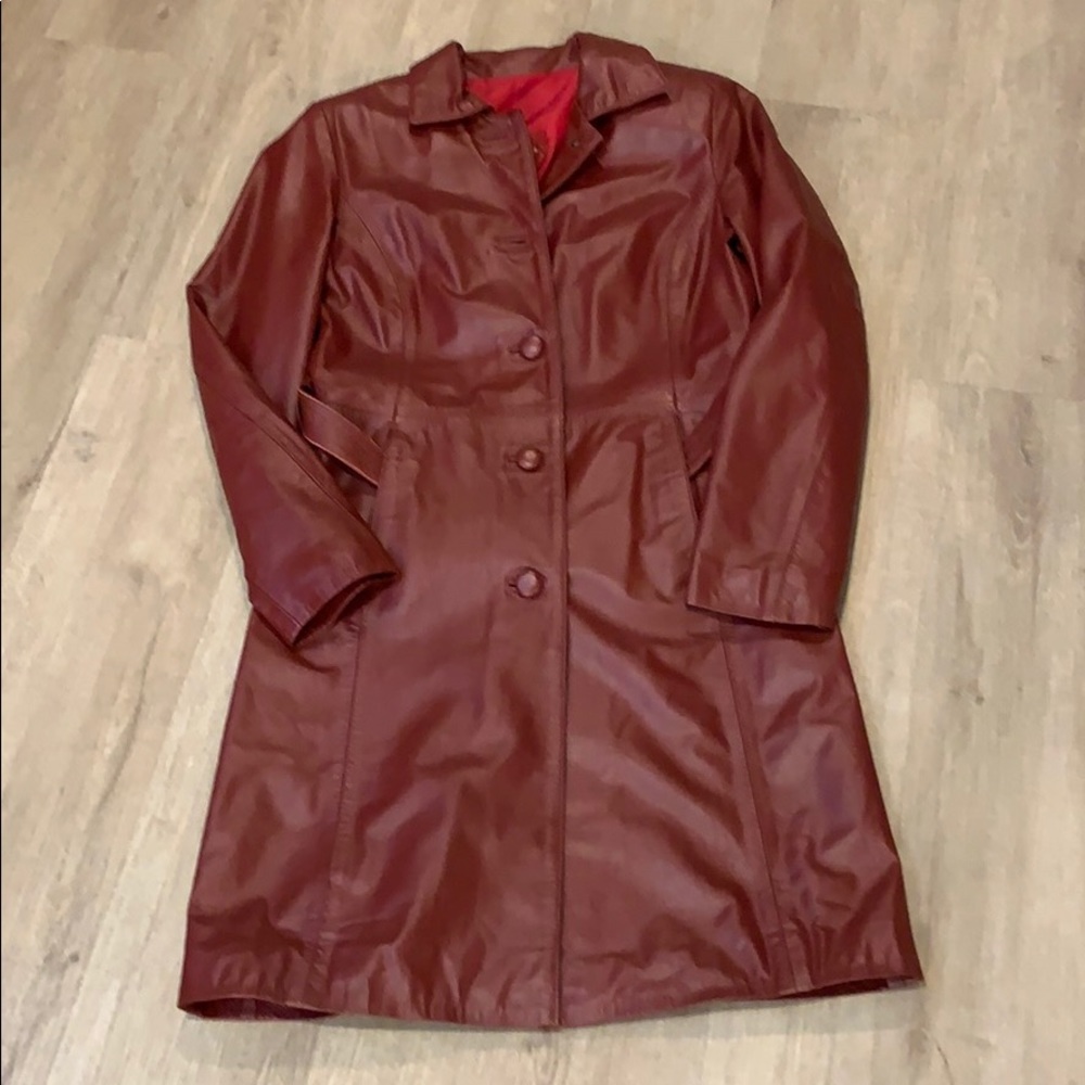 Red genuine leather trench coat